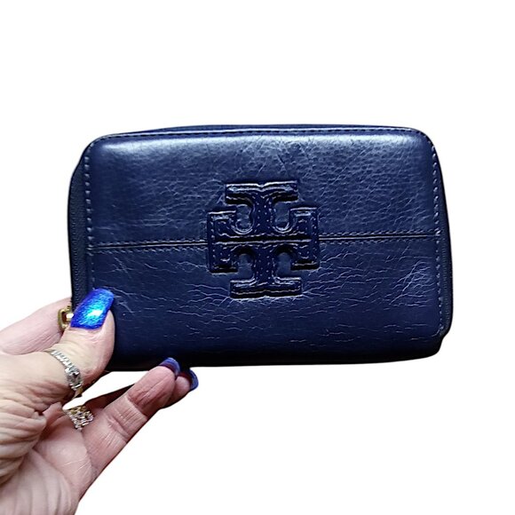 Tory Burch Handbags - Tory Burch Blue Leather Medium Zip Wallet Wristlet EUC